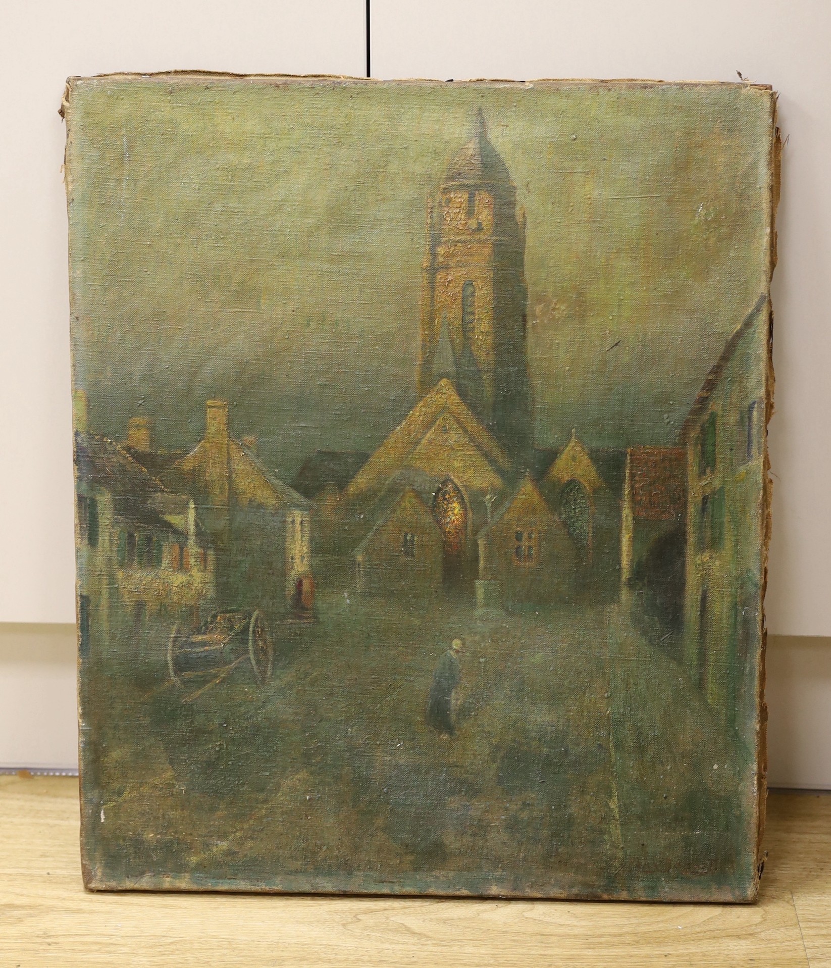 Late 19th century French School, oil on canvas, Figure before a church at twilight, indistinctly signed, 55 x 46cm, unframed